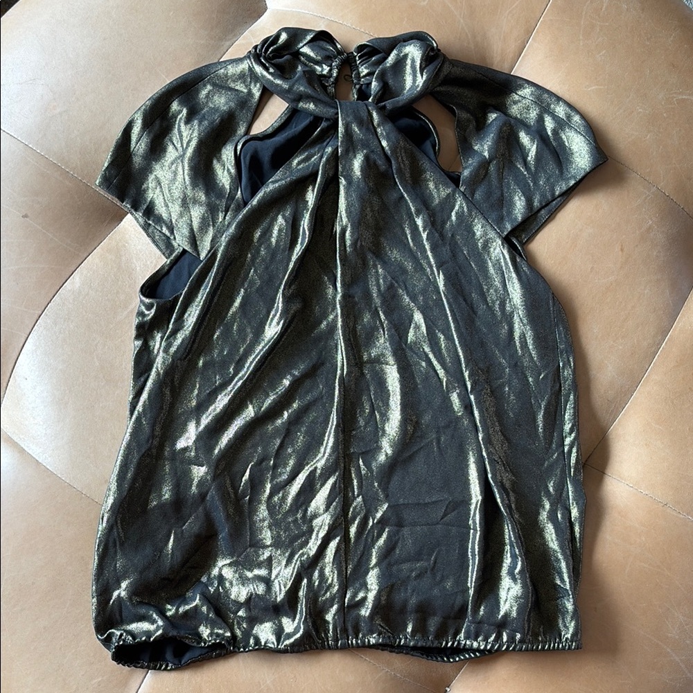 BCBGMaxAzria black and gold metallic high neck cut out cap Sleeve Blouse